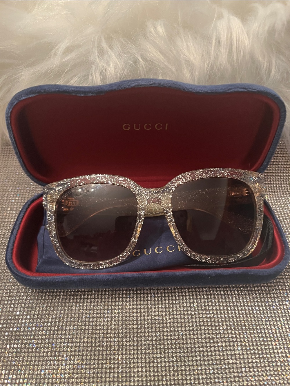 Gucci Crystal Glitter Clear Frame Sunglasses with Dark Lenses